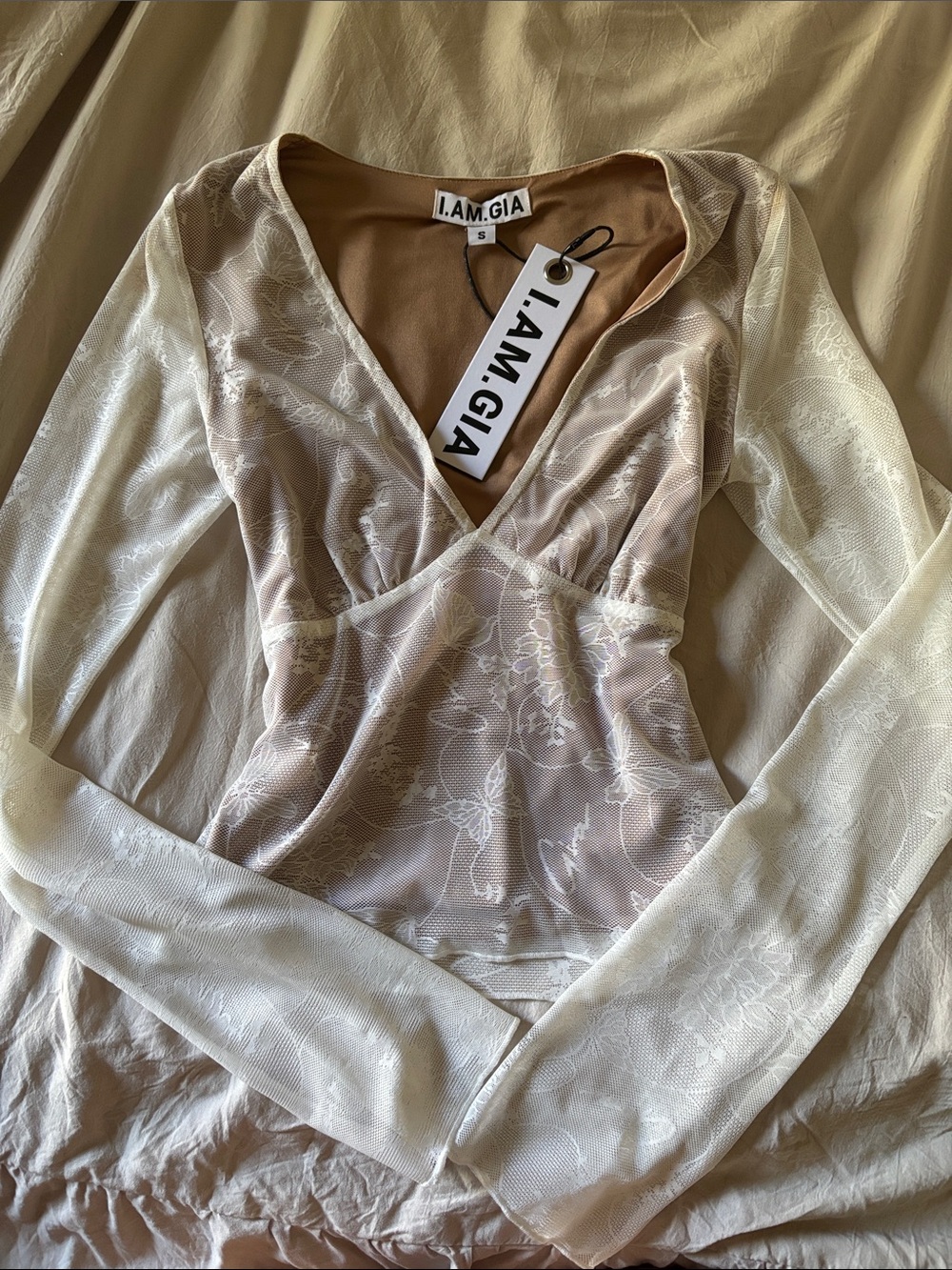 I.AM.GIA Cream Floral Sheer Long Sleeve V-Neck Top
